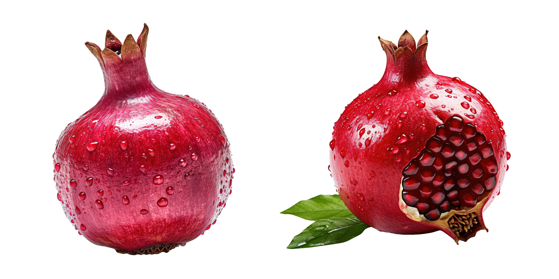 AI generated Fresh pomegranate with green leaves on transparent background png