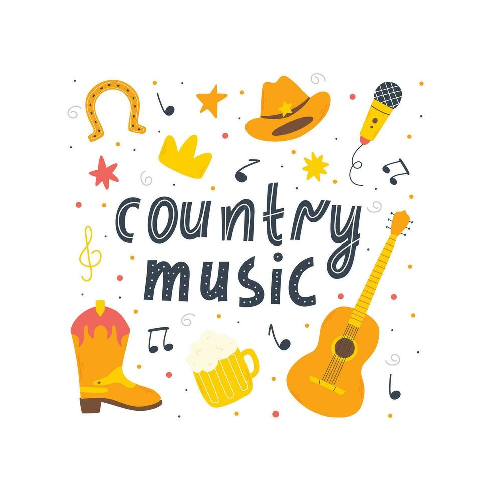 Country music concept. Set of country music elements in hand drawn style. Cowboy music vector illustration.