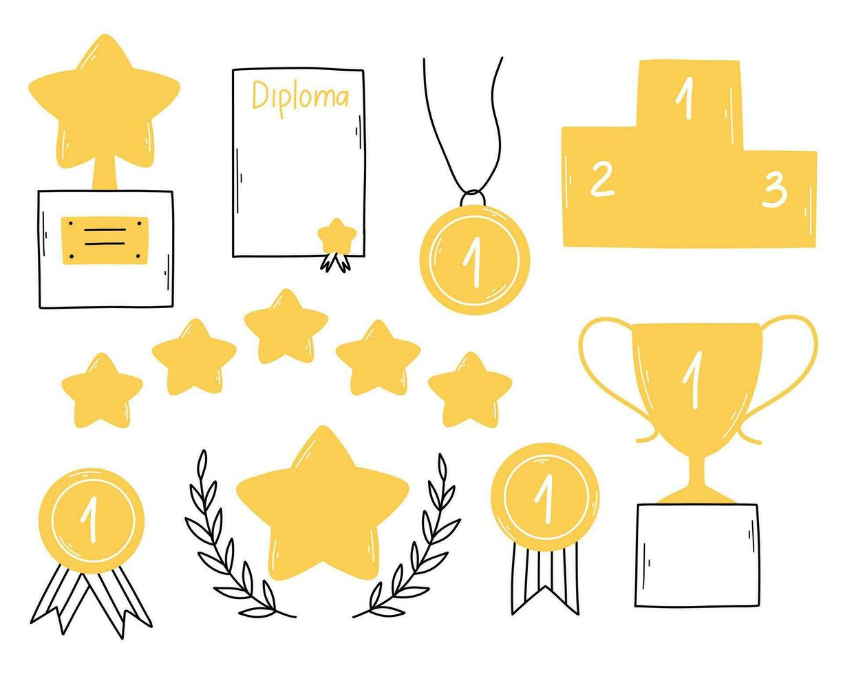 Set of premium awards icons in doodle style. Vector illustration. Linear awards, trophies, cups and diplomas.