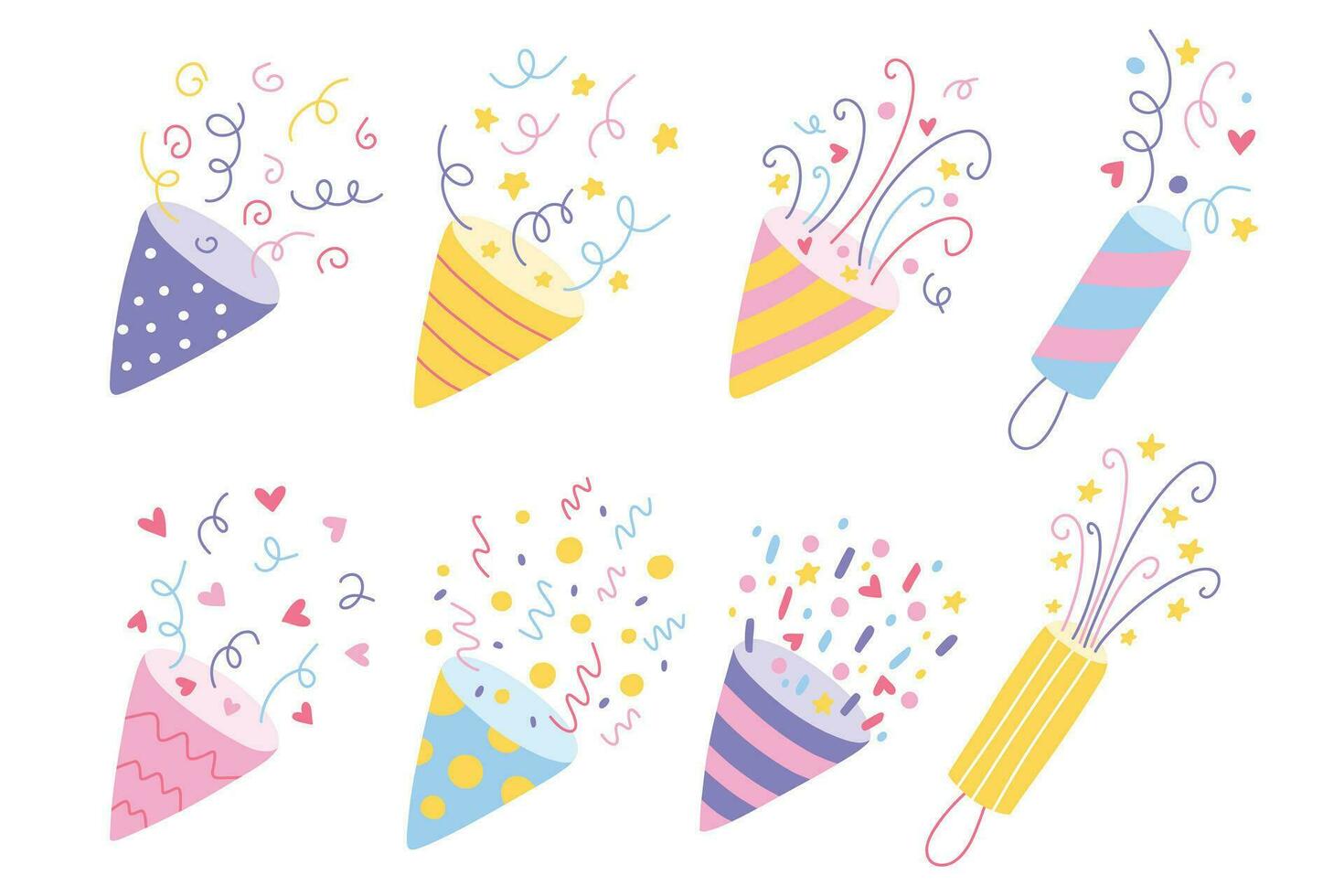 Party Confetti Popper Set. Collection of Isolated confetti, explosion, firecracker, celebration in hand drawn style. Vector illustration.