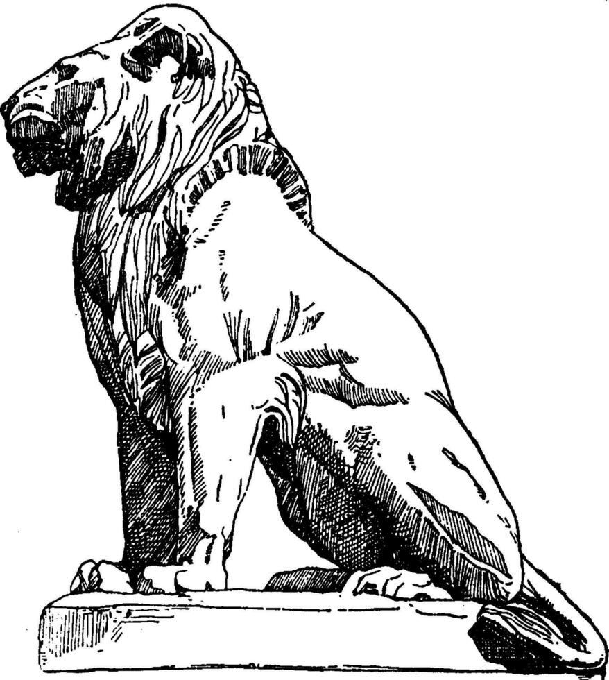 Lion Statue is found in front of the Louvre, vintage engraving. vector