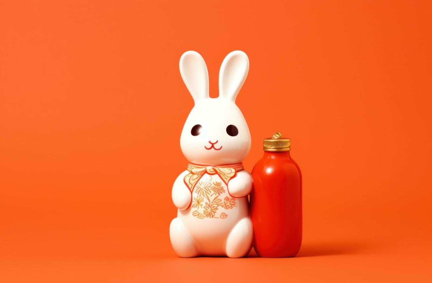 AI generated a bunny holding a bottle on a red background, photo