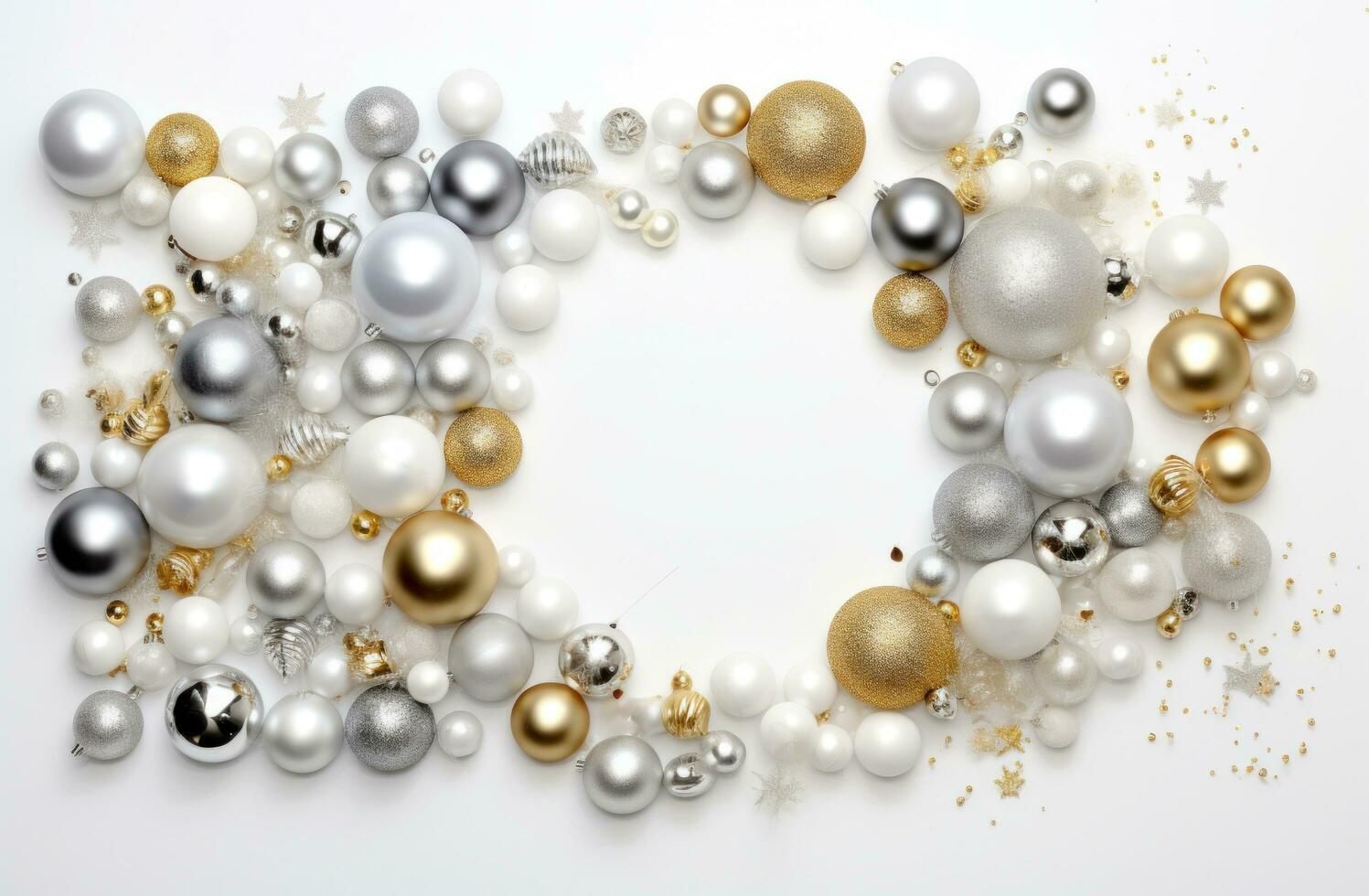 AI generated a christmas wreath, ornaments and decor scattered throughout a white photo