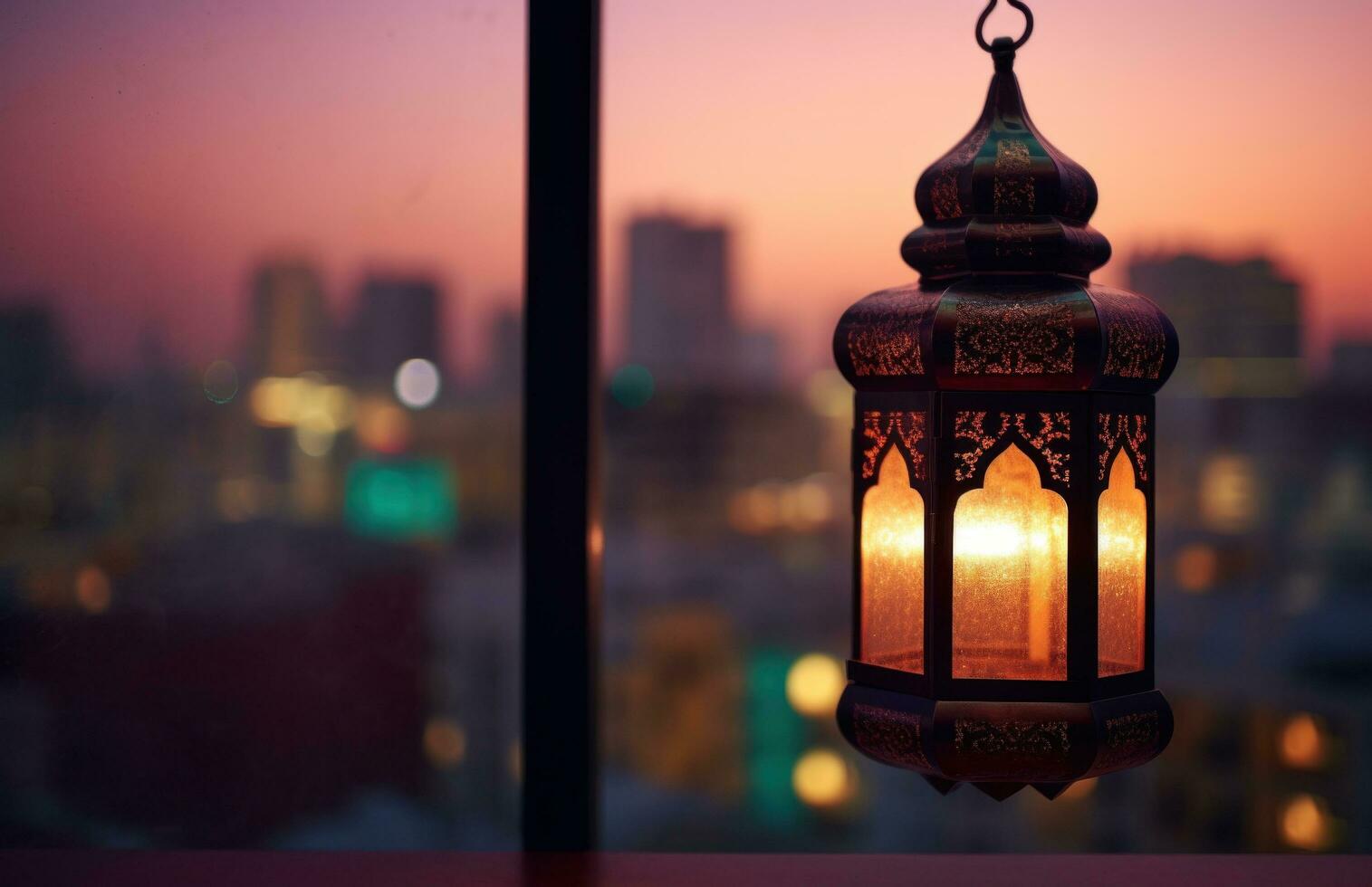 AI generated a lit lantern looms over a window in a cityscape photo