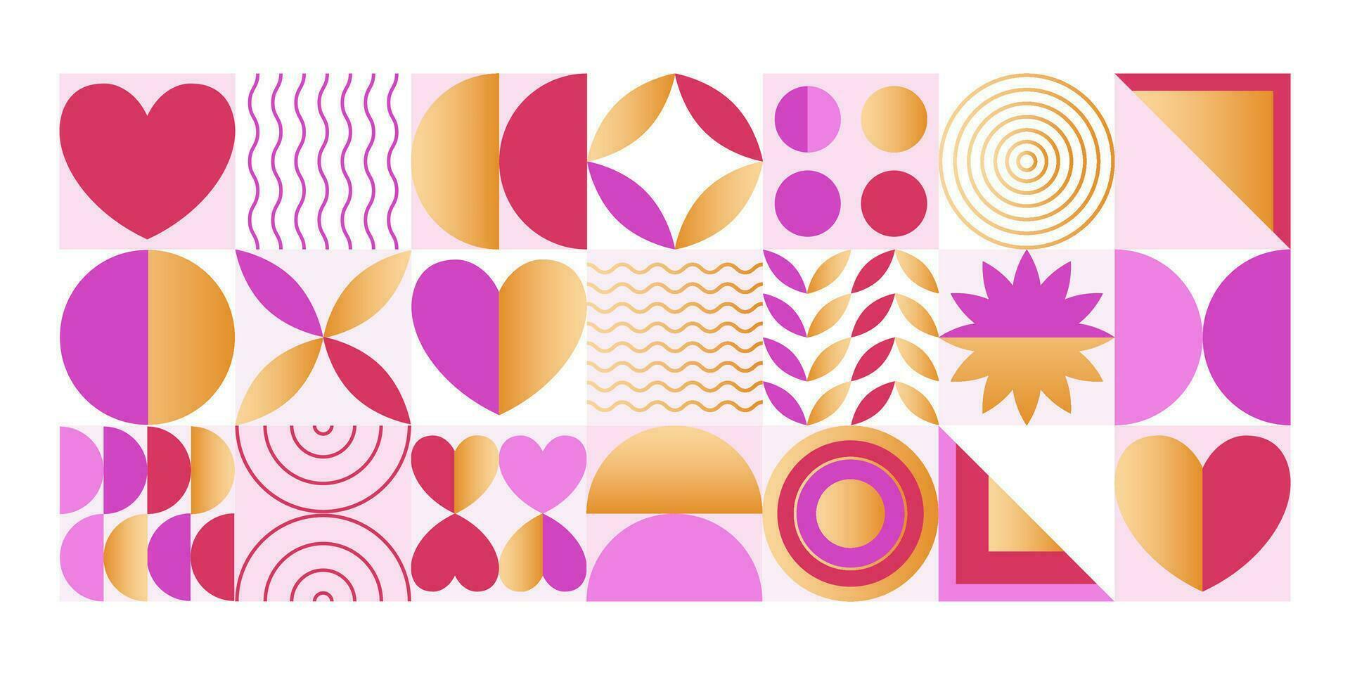 Geometric abstract Valentine's Day composition, holiday banner with decorative design elements, heart symbols and different shapes. vector illustration.