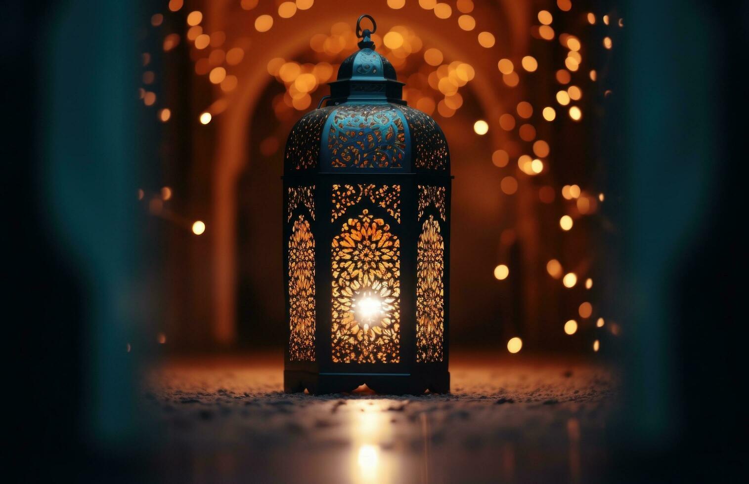 AI generated coloured lantern lights up through an open door, photo
