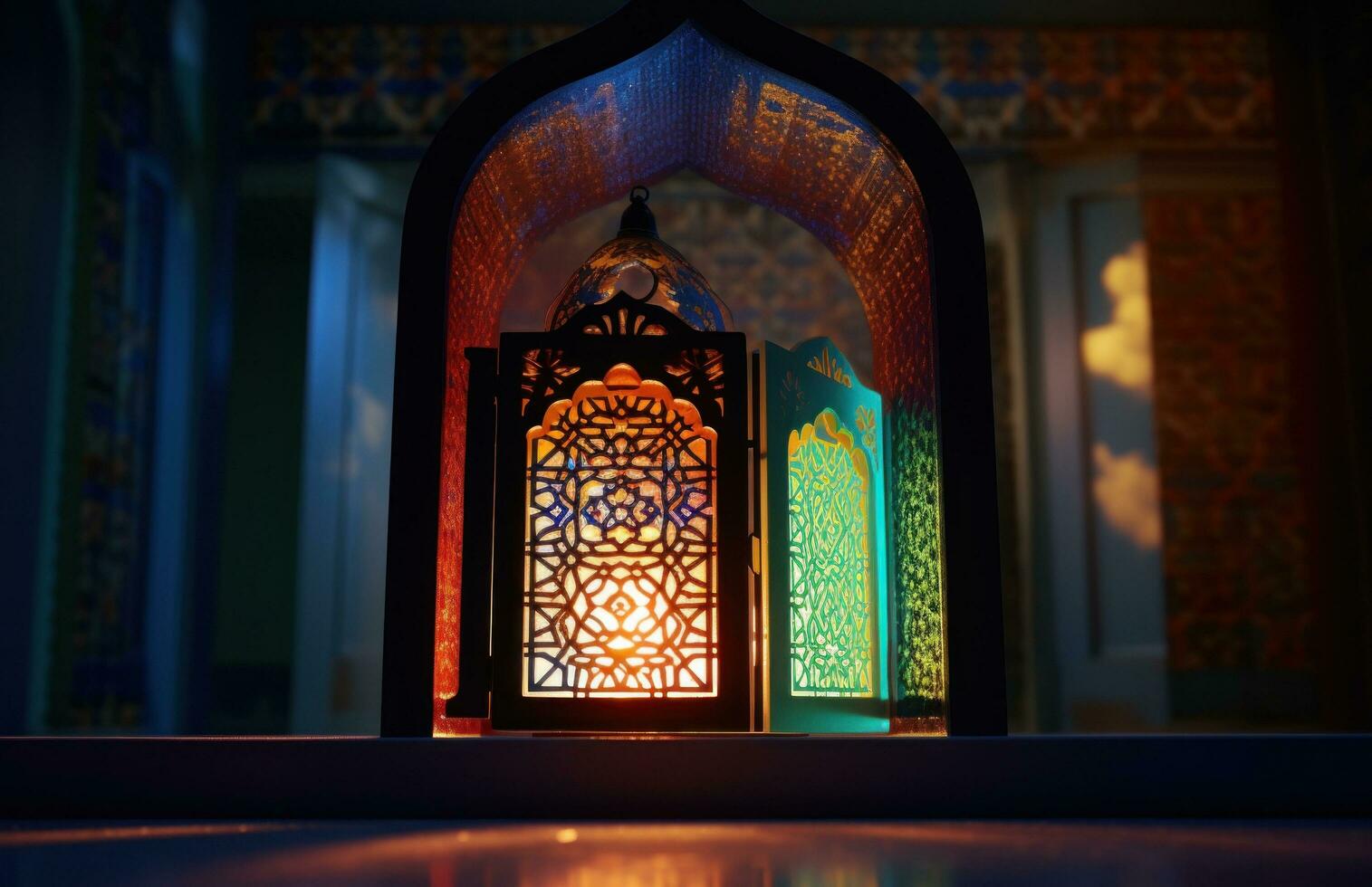 AI generated coloured lantern lights up through an open door, photo