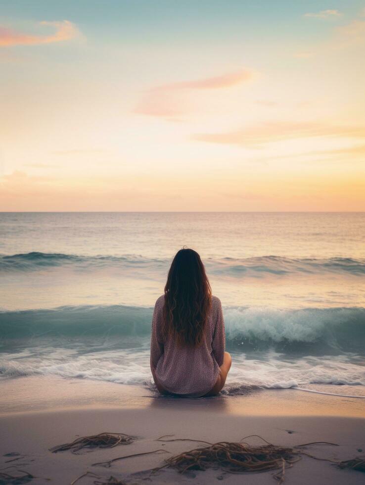 ai generado un persona es sentado cerca el agua a el playa, foto