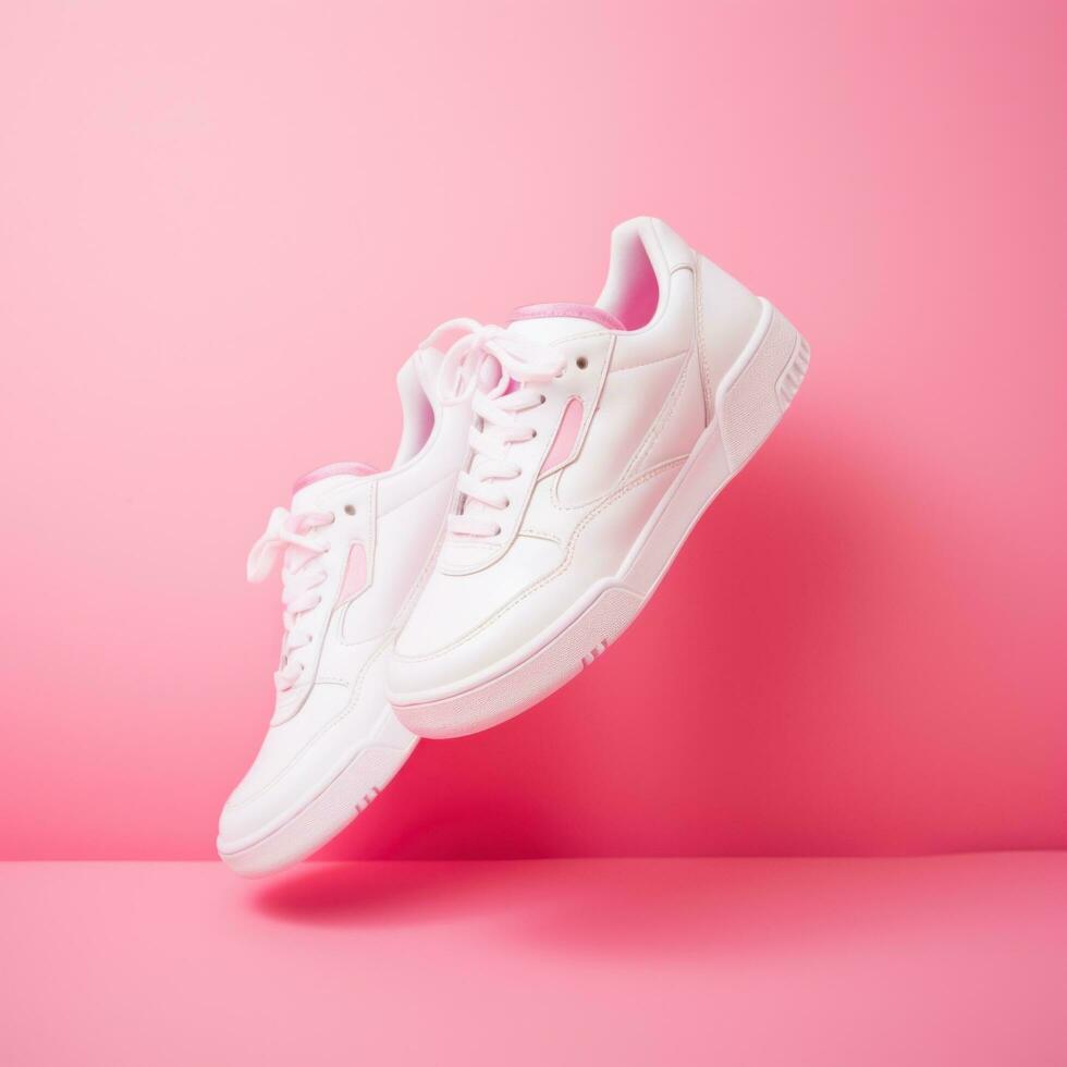 ai generado un par de blanco zapatillas en un rosado fondo, foto