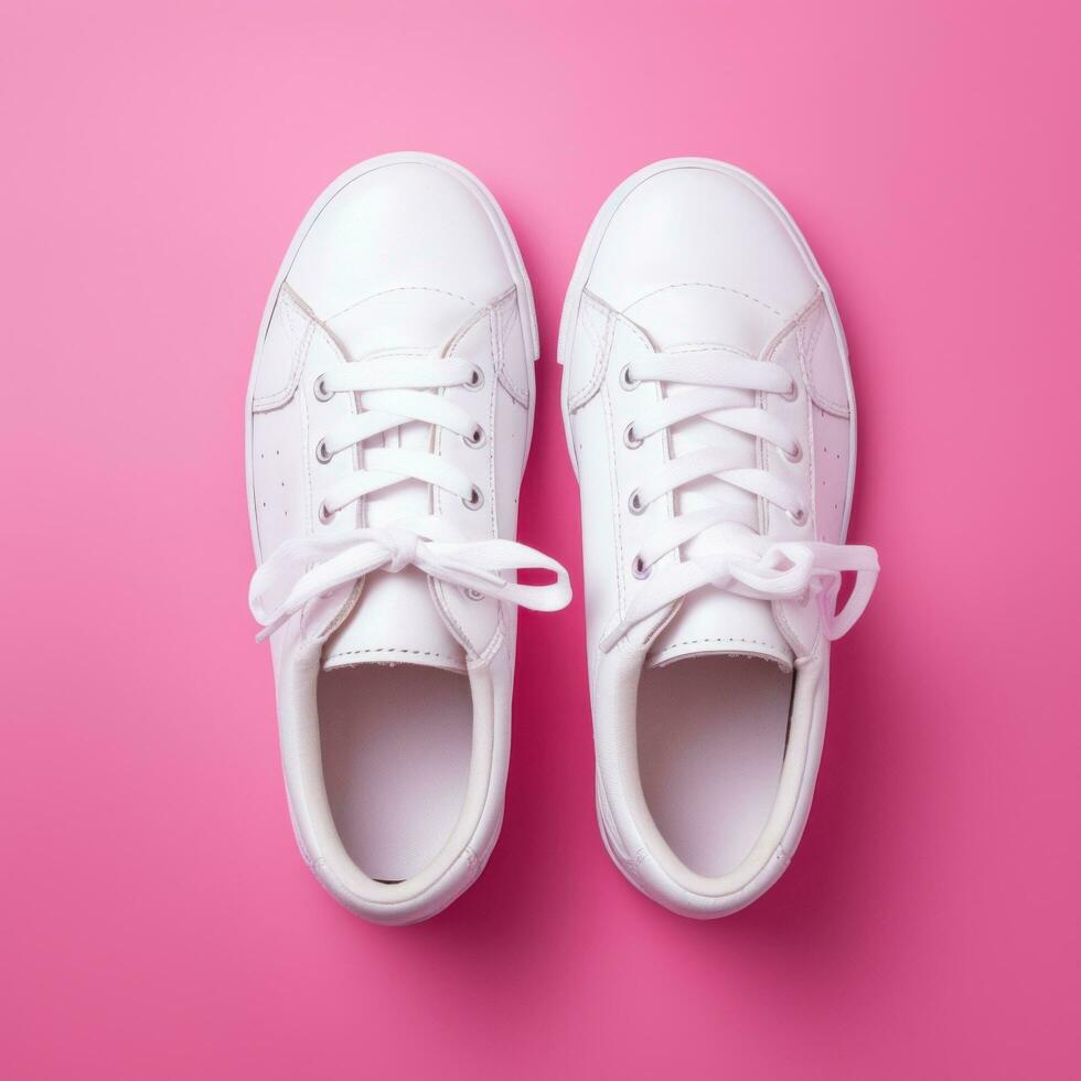 AI generated a pair of white sneakers on a pink background, photo