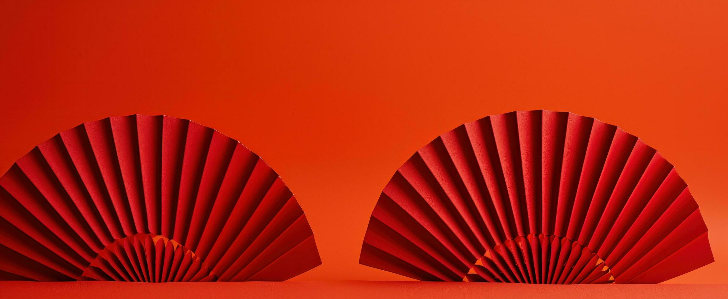 AI generated a pair of red paper fans on a red background, panoramic scale photo