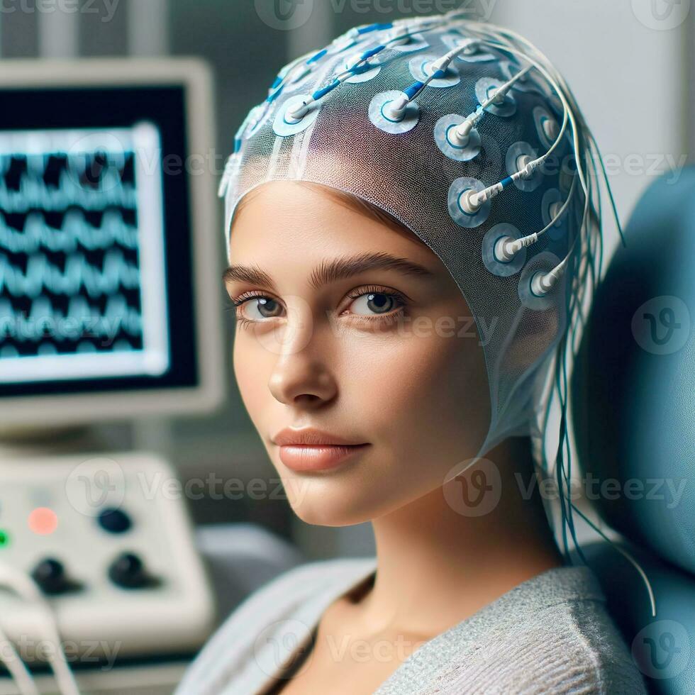 AI generated A young caucasian female patient undergoing EEG examination. Generative AI. photo