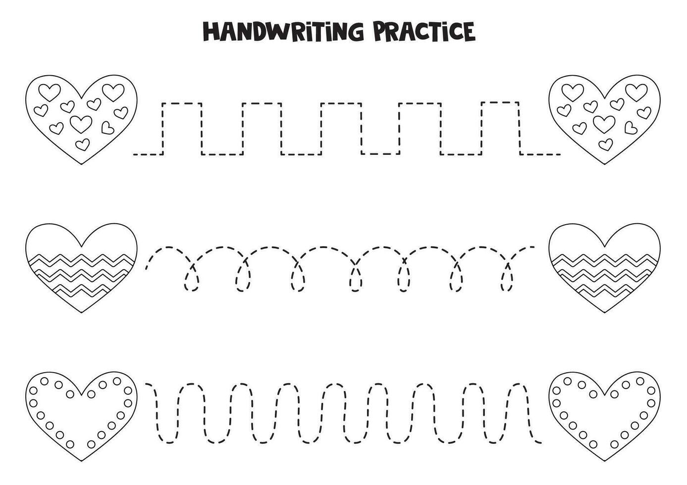 Tracing lines for kids. Cartoon black and white valentine day hearts. Writing practice. vector