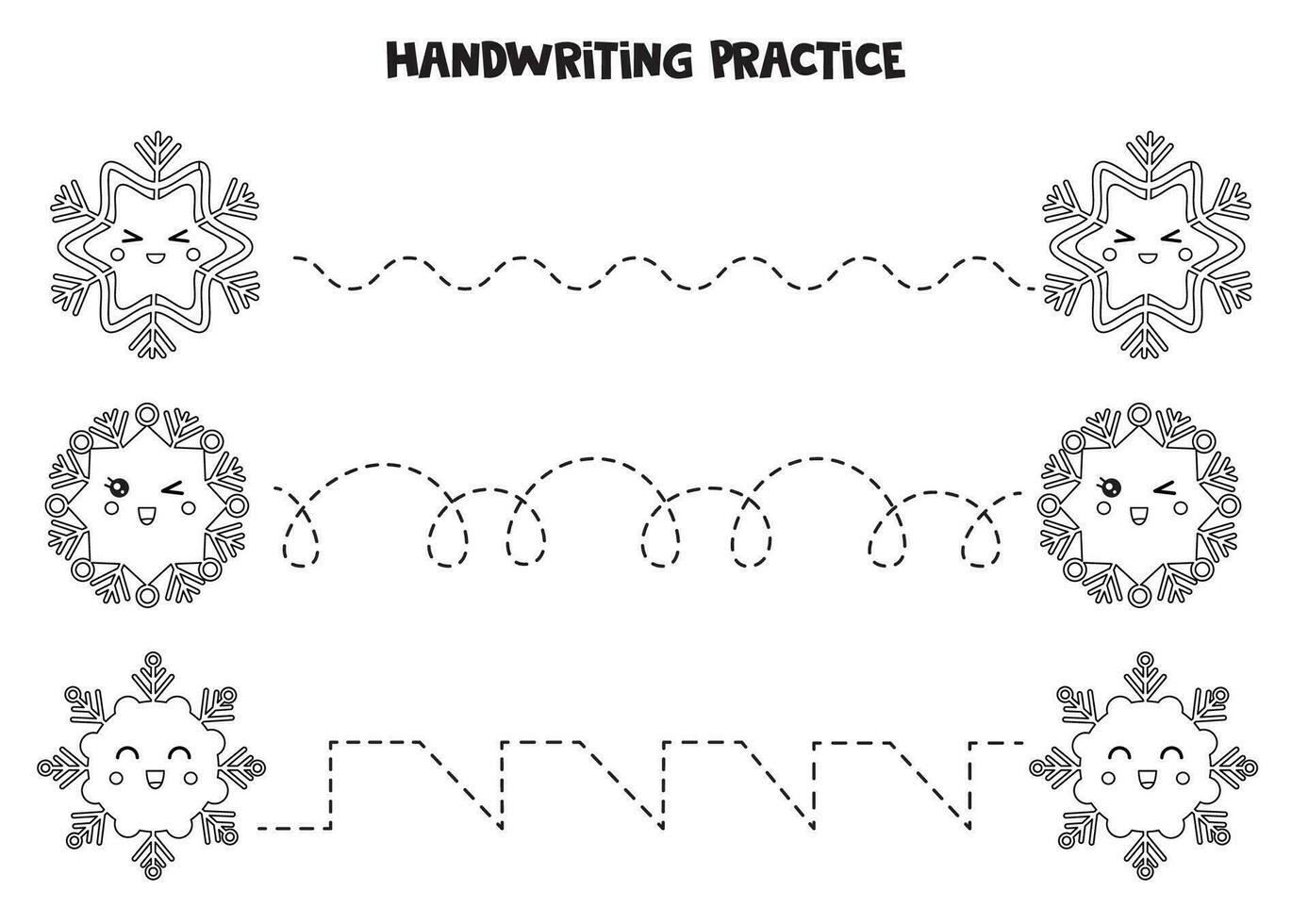 Tracing lines for kids. Cartoon black and white snowflakes. Writing practice. vector