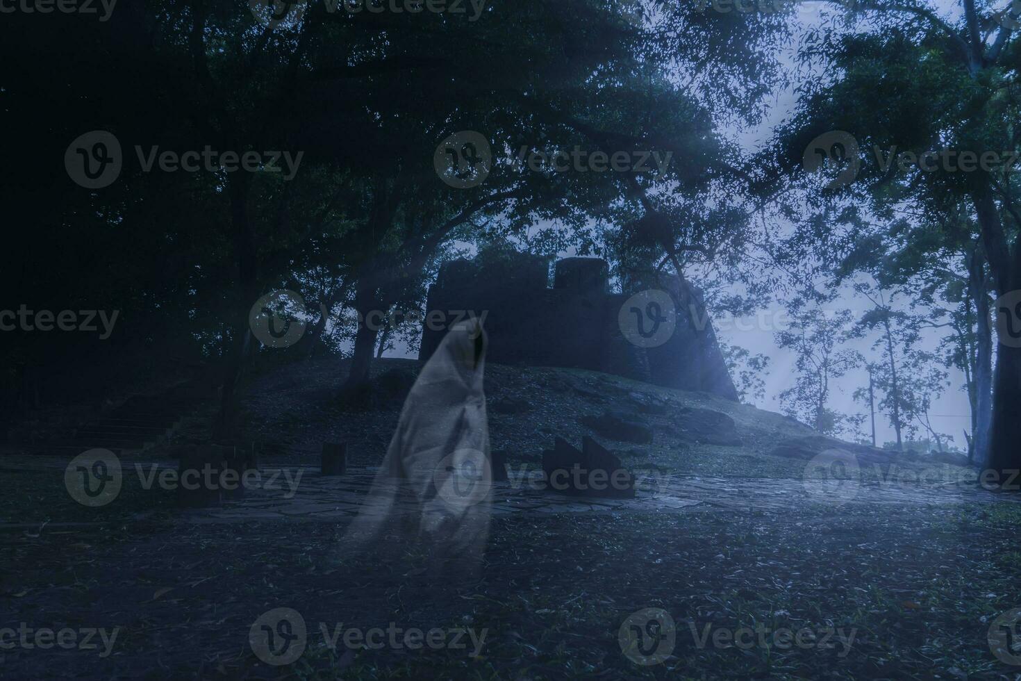 Low key image a blur white ghost in ancient forest. photo