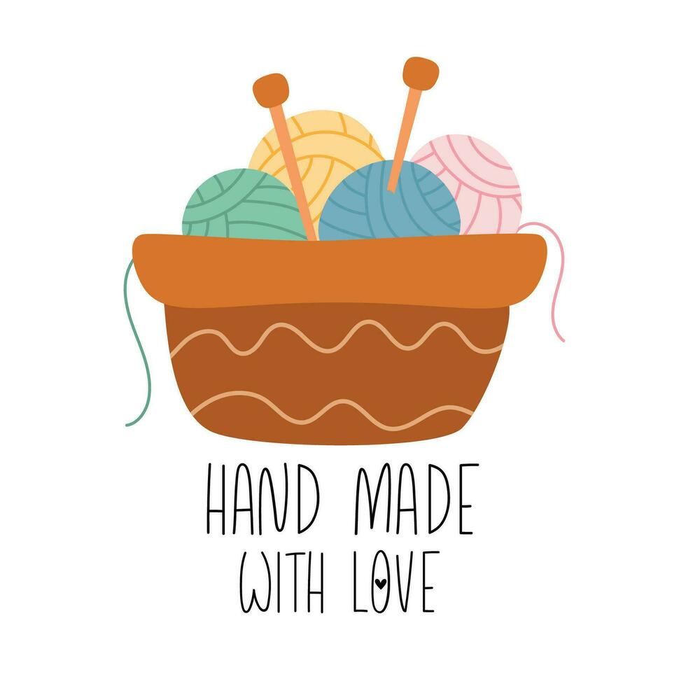Greeting card with basket with bobbins, skein of threads. Hand made with love. vector
