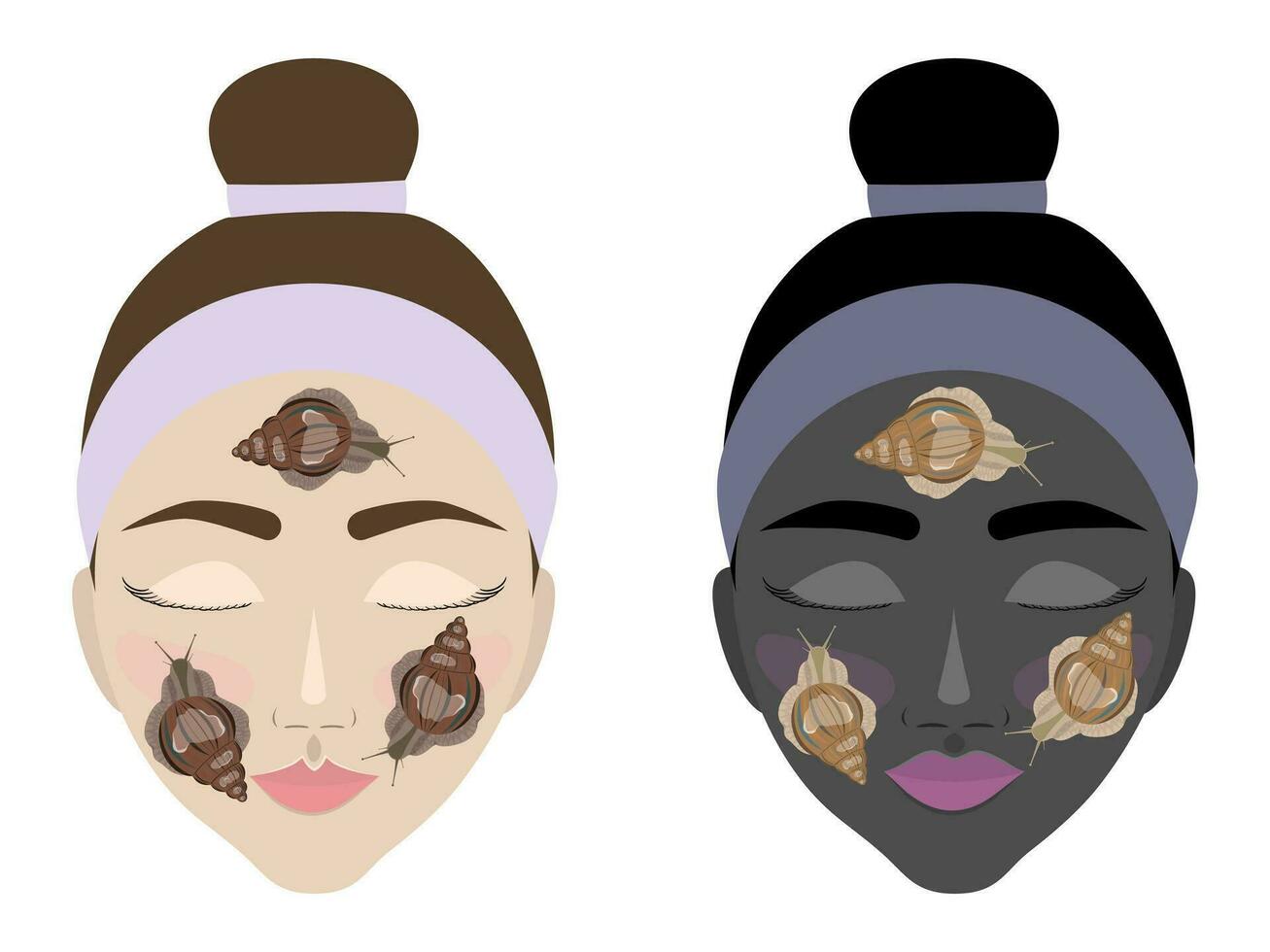 Image of cosmetic procedures with snails on faces with dark and light skin on a white background vector