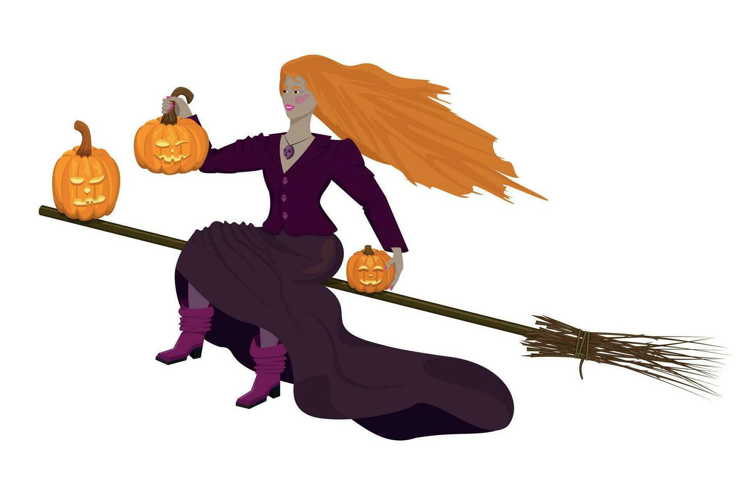 Beautiful red-haired witch flies on a broomstick with pumpkins to celebrate Halloween vector