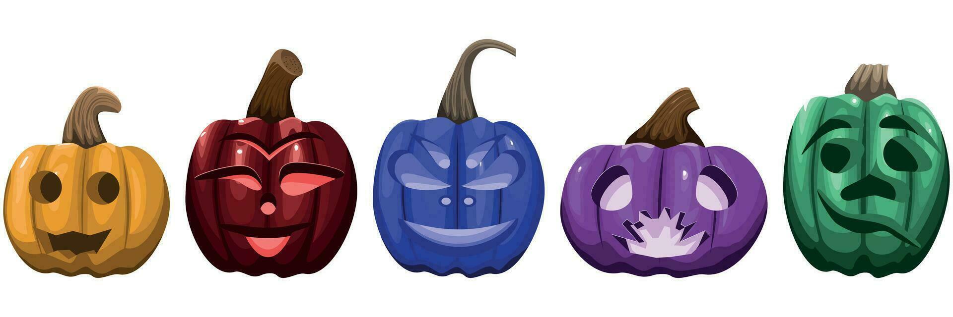 Set of five multi-colored jack-o'-lanterns with various facial expressions on a white background vector