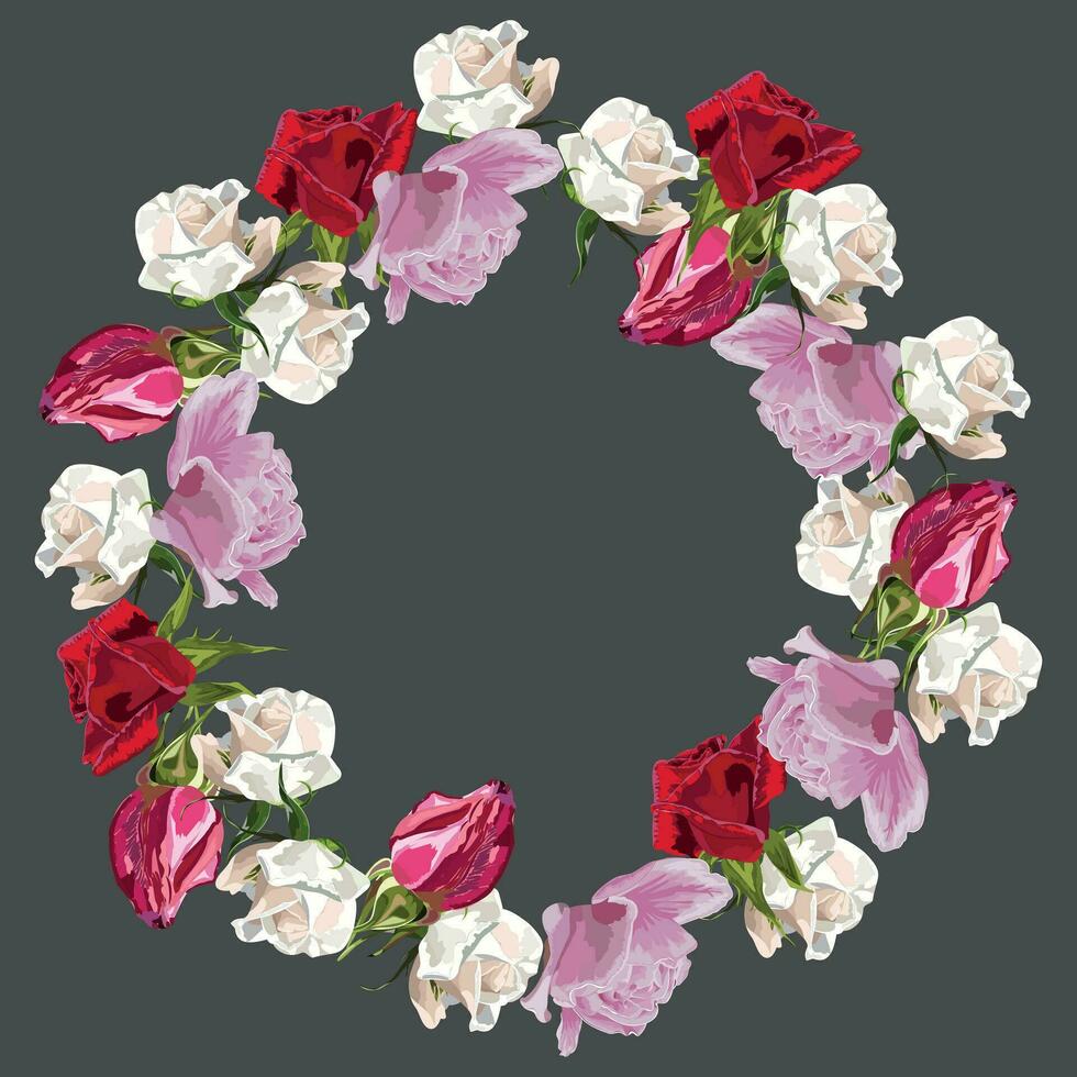 Round wreath of buds of white, red, pink roses on a gray background vector