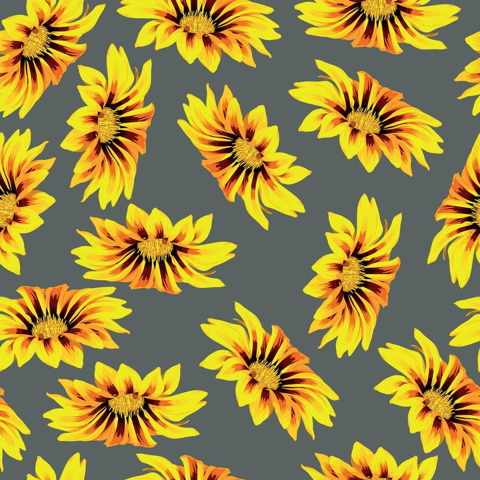 Seamless pattern with buds of orange gazania flowers on a gray background vector