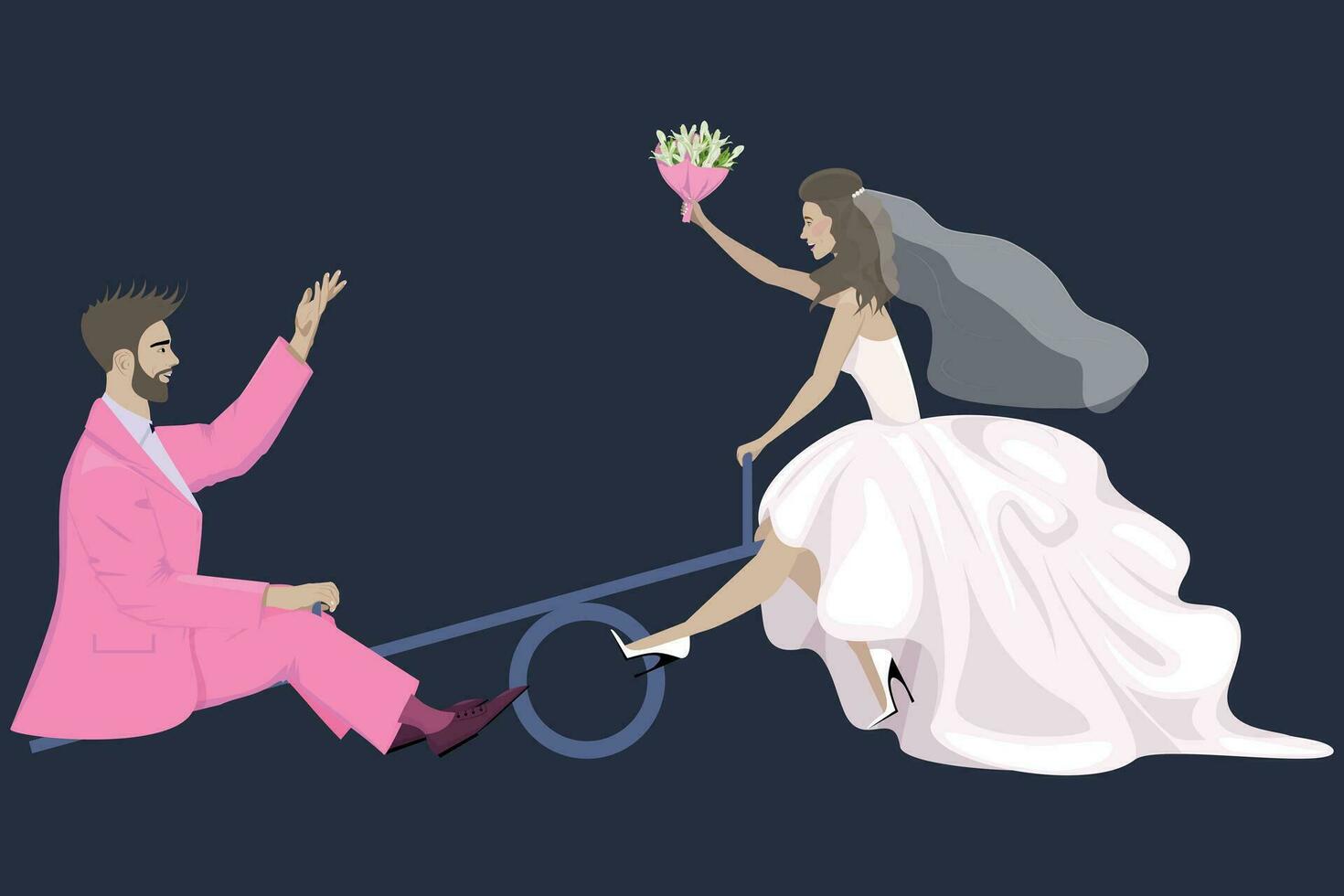 Happy newlyweds, the bride and groom are having fun at their wedding, riding on a swing on a dark background vector