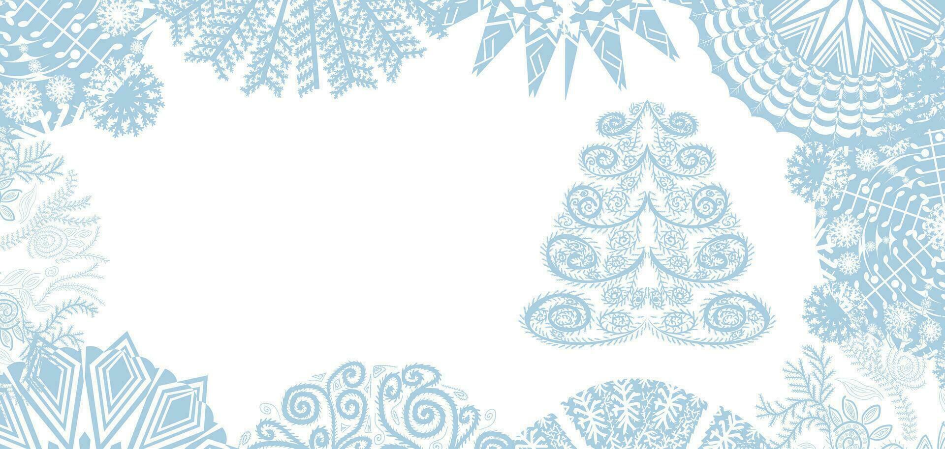 Postcard with a picture of a Christmas tree and various snowflakes on a white background vector