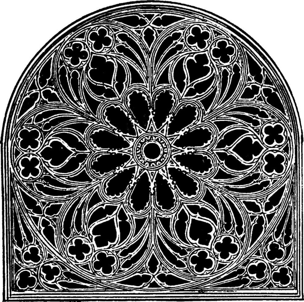 Rose Window, Church of St. Ouen, exterior of the cathedral,  vintage engraving. vector