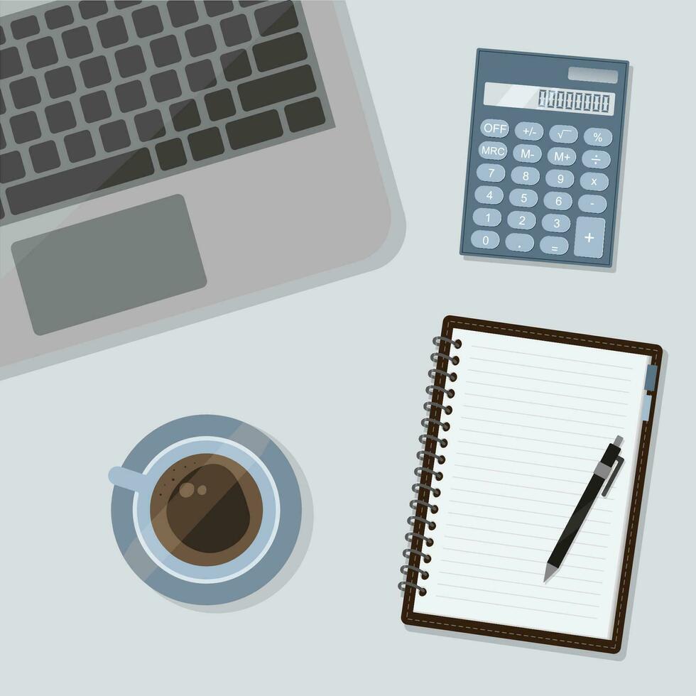 Desktop image top view. A laptop, a calculator, a notebook and a cup of coffee. vector