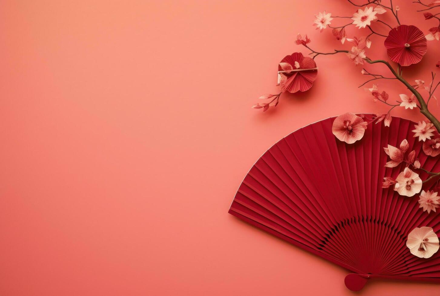 AI generated a red fan is hung from a pink wall photo