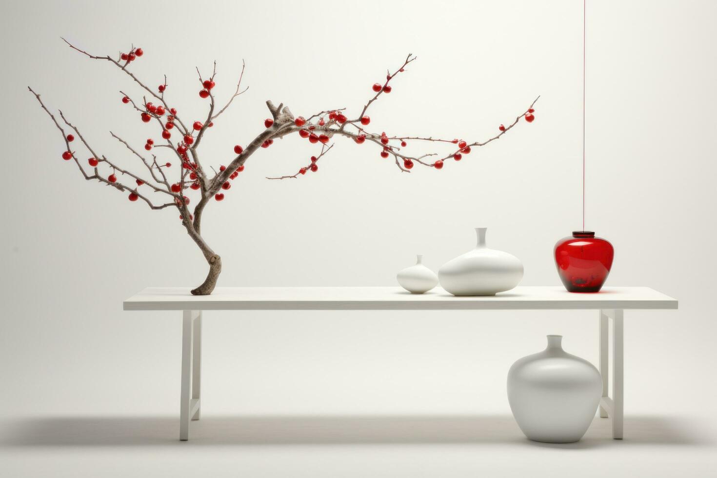 AI generated a white table with red lantern hanging over it, photo