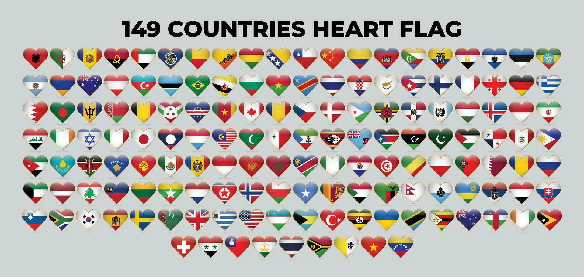 Collection Pack of Countries Flag Design in Heart Vector Design Template