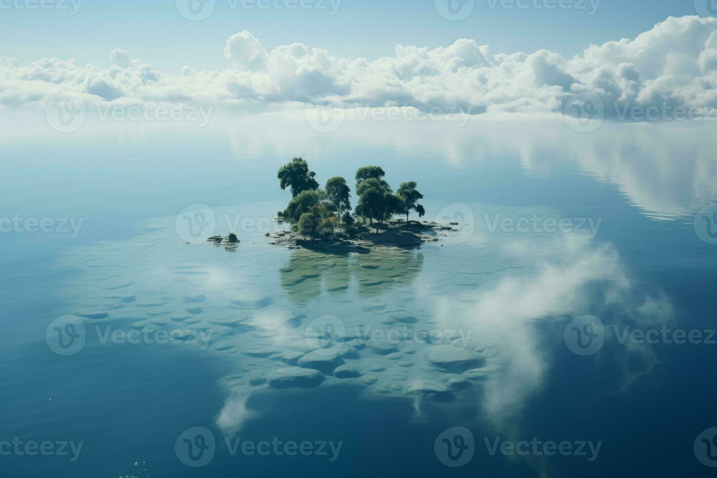 AI generated aerial view of a tiny island with trees in the middle of boundless water photo