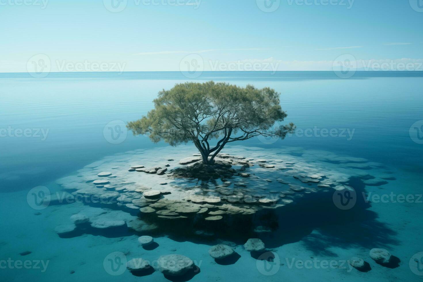 AI generated aerial view of a tiny island with last tree in the middle of boundless sea photo