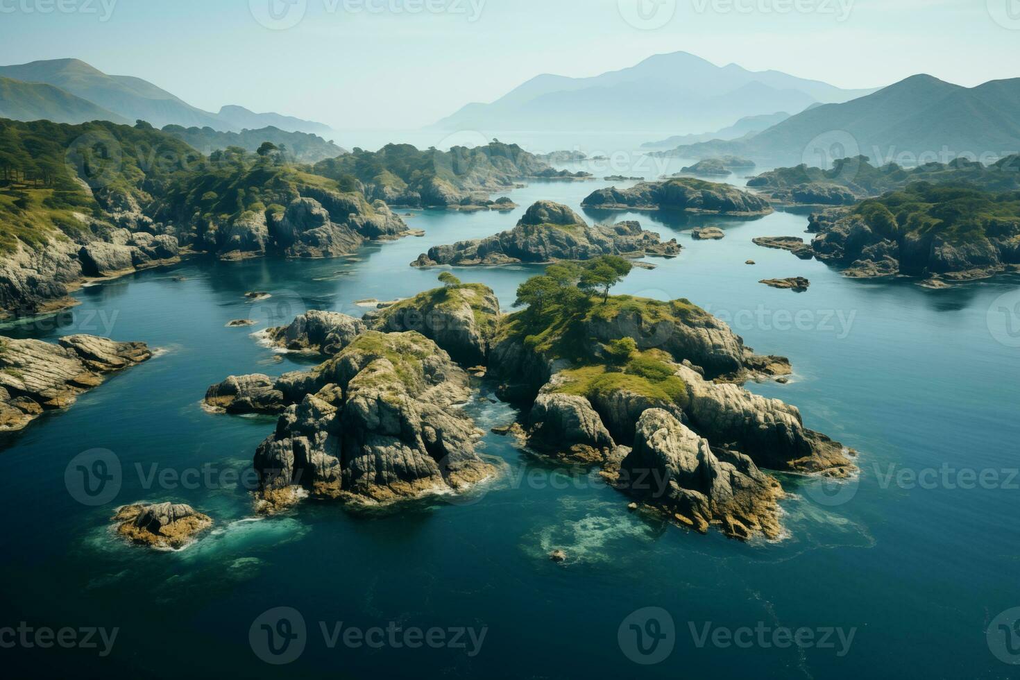 AI generated seascape, aerial view of many small islands photo