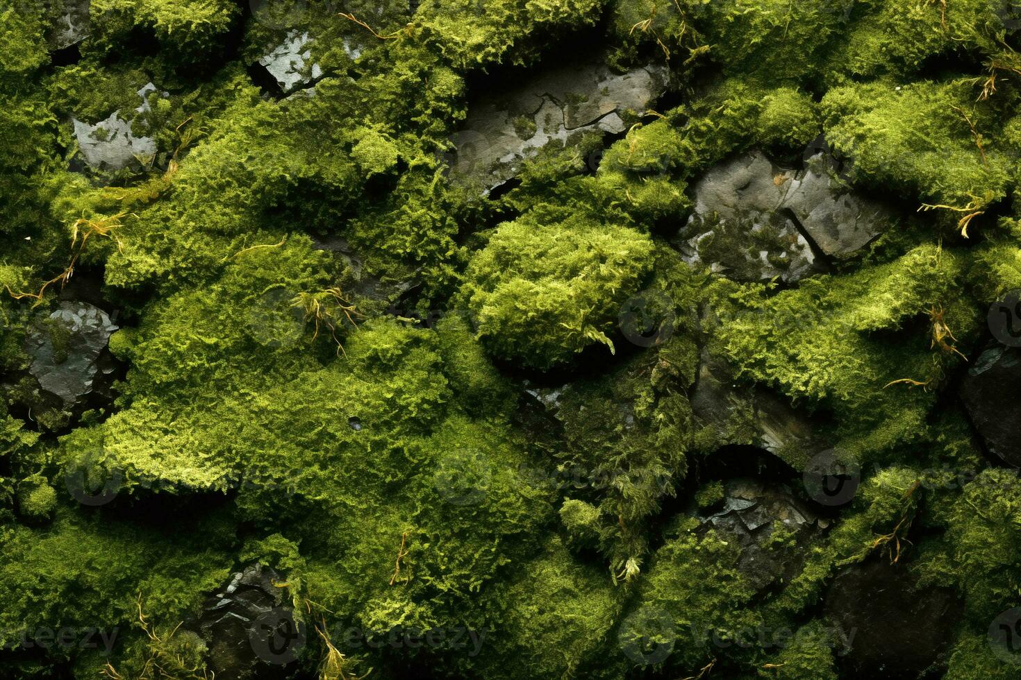 AI generated moss background, mossy stone surface texture photo
