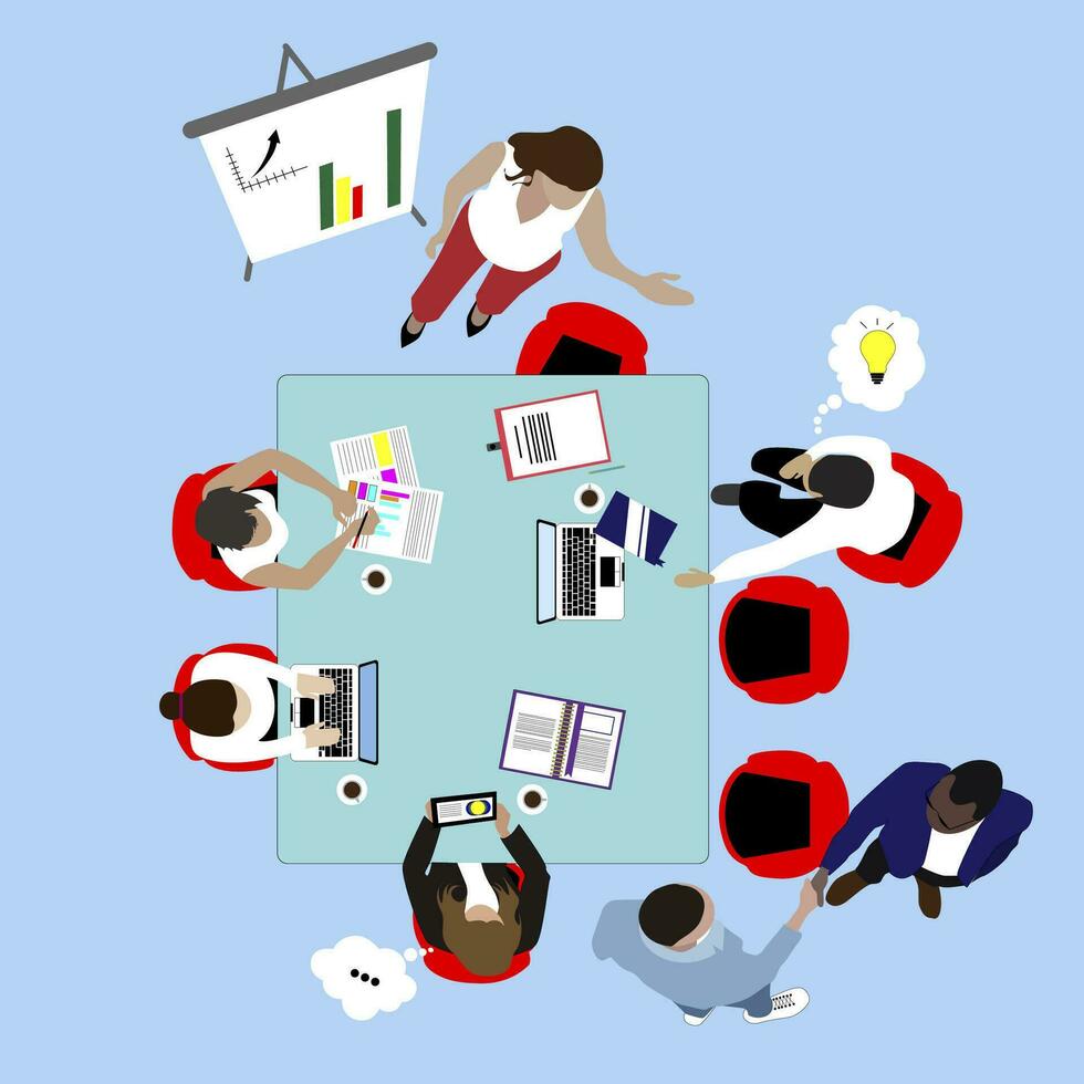 Team Work And Business Meeting. Presentation And Brainstorm Top View Vector. Office Teamwork, Collaboration Flat Illustration. Conference In Boardroom, Business Conference, Office Top View Vector