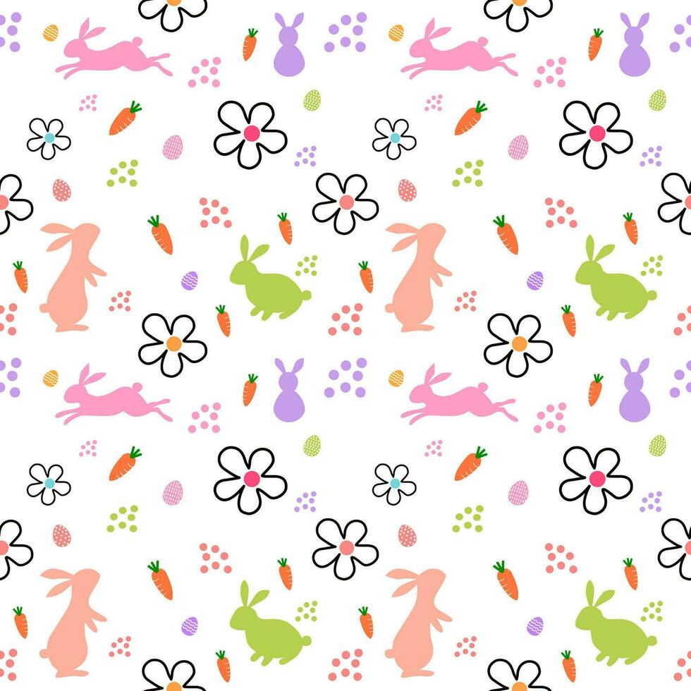 Happy Easter banner, trendy Easter design with hand drawn typography, strokes and dots, eggs and bunnies in pastel colors, modern minimal style, horizontal poster, greeting card, header for website. vector