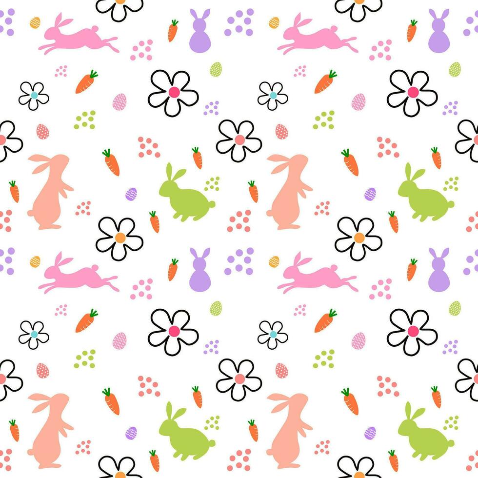 Happy Easter banner, trendy Easter design with hand drawn typography, strokes and dots, eggs and bunnies in pastel colors, modern minimal style, horizontal poster, greeting card, header for website. vector