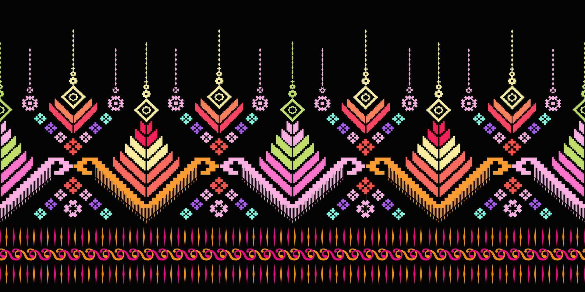 Embroidery Cross Stitch. Ethnic Patterns. Pixel Horizontal Seamless Vector. Geometric Ethnic Indian pattern. Native Ethnic pattern. Cross Stitch Border. Texture Textile Fabric Clothing Knitwear print. vector