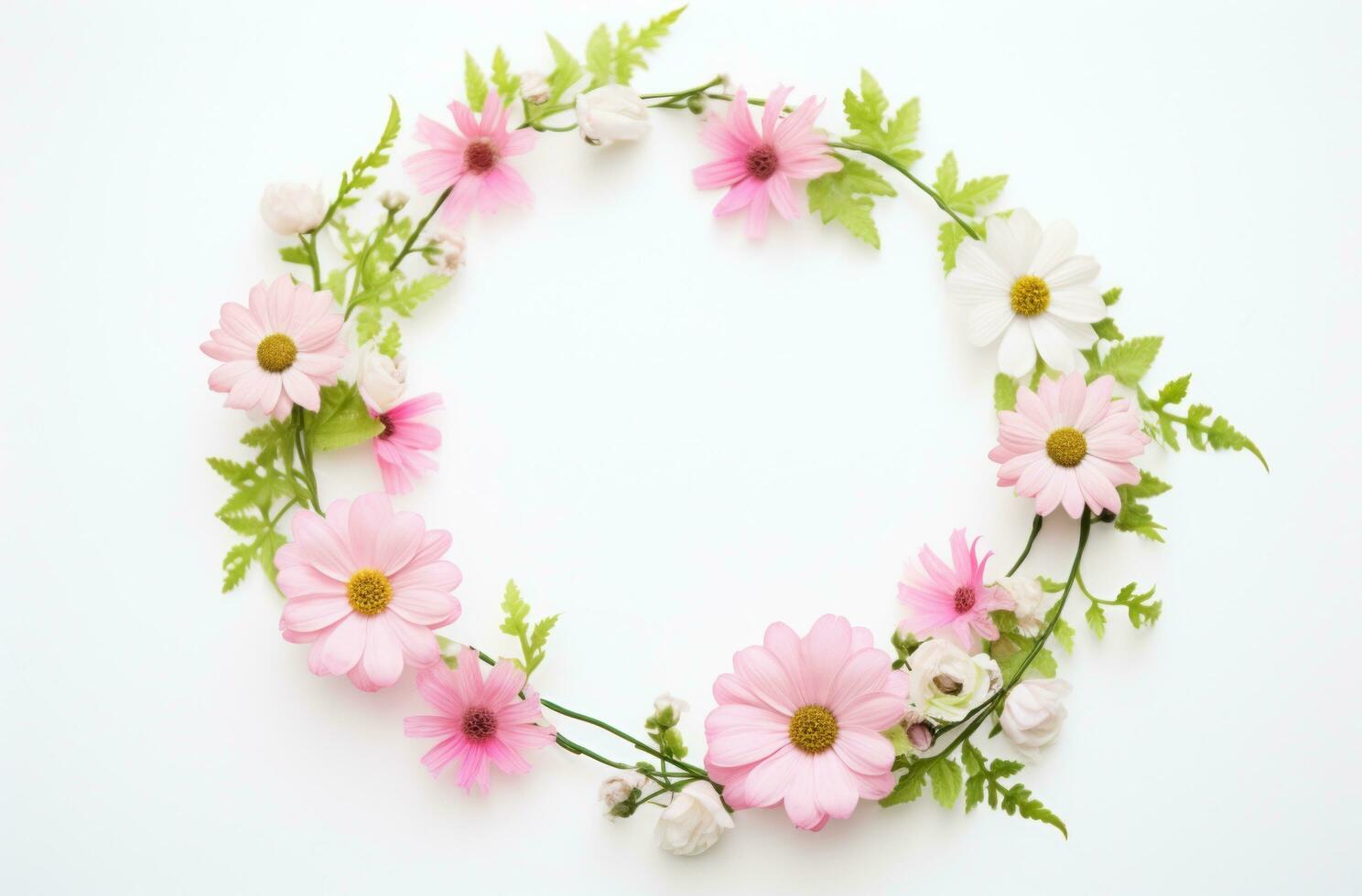 AI generated a pink flower shaped frame on white surface photo