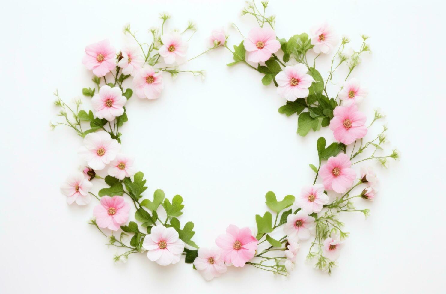 AI generated a pink flower shaped frame on white surface photo