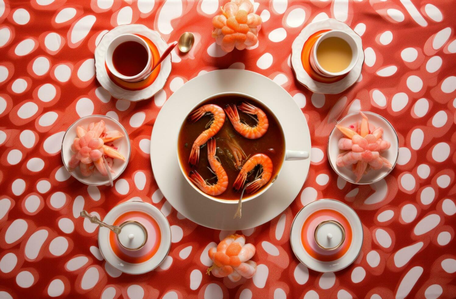 AI generated a plate filled with shrimp and tea on a red table cloth photo