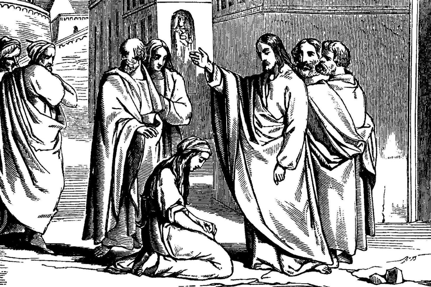 Jesus Tells a Crowd to Cast the First Stone vintage illustration. vector