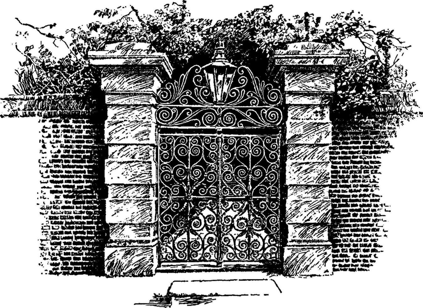 Colonial Gate, Charleston,  vintage engraving. vector