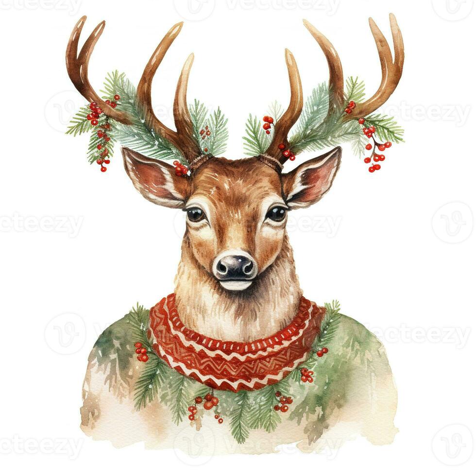 AI generated Generative AI, cute wild deer animal, Christmas hat and ugly sweaters, watercolor style. photo