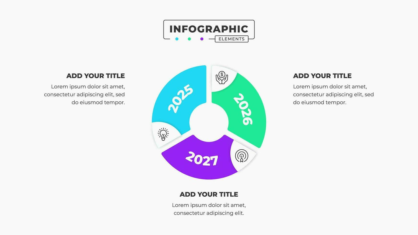 Vector business circle timeline infographic presentation template with 3 steps or options