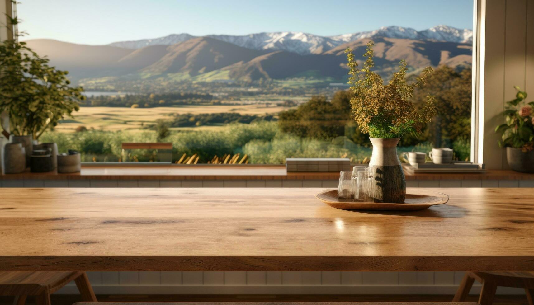 AI generated table with views to mountains of farm land in modern kitchen, photo