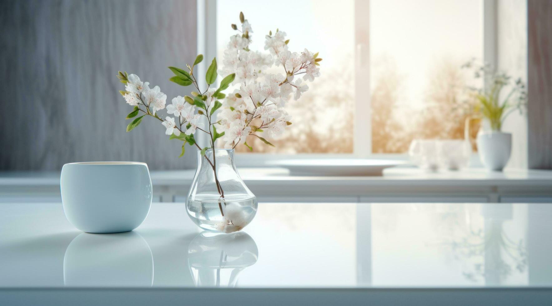 AI generated simple dining table in the white bathroom, photo