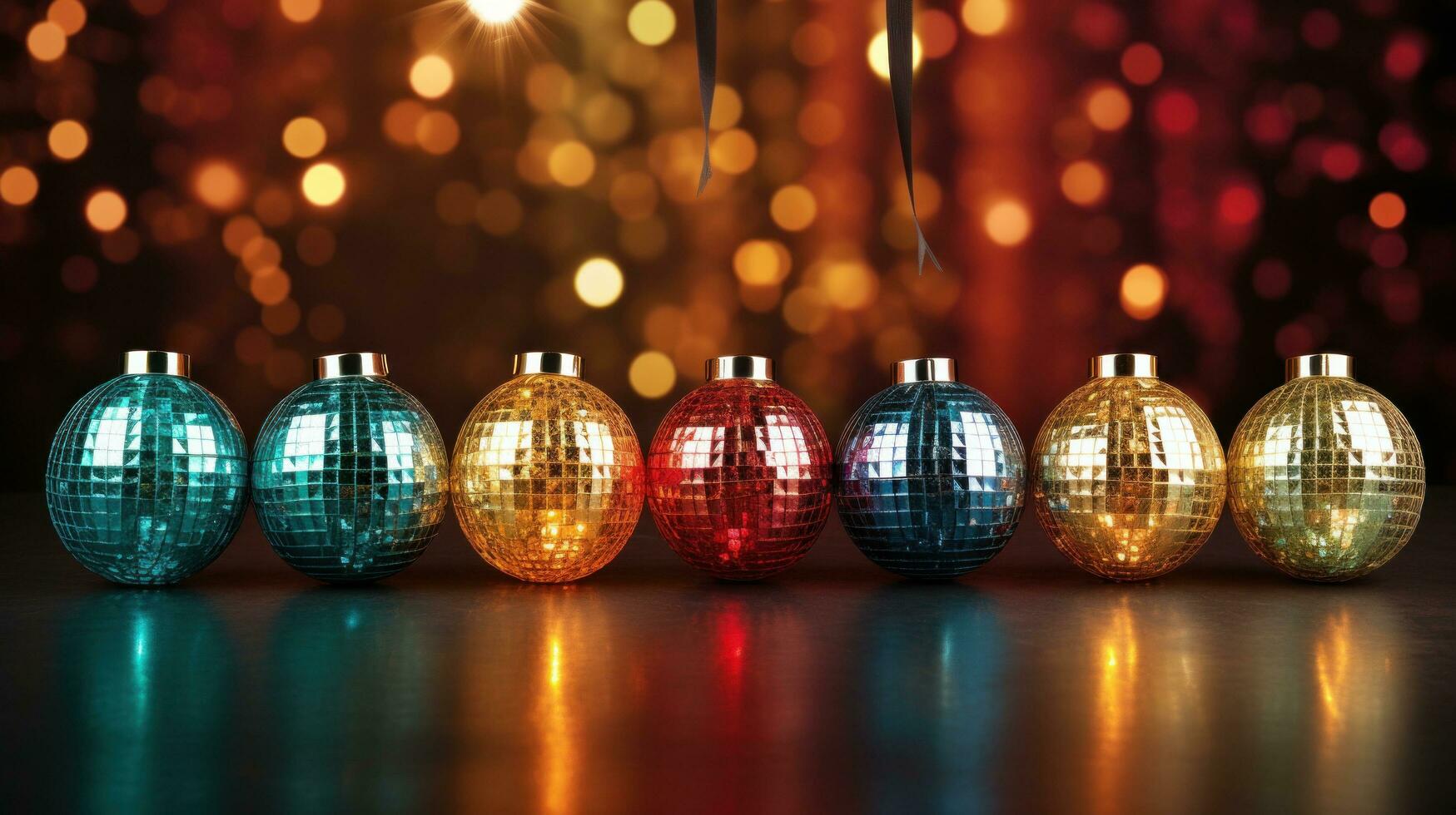 AI generated six disco balls against colorful lighting background, photo